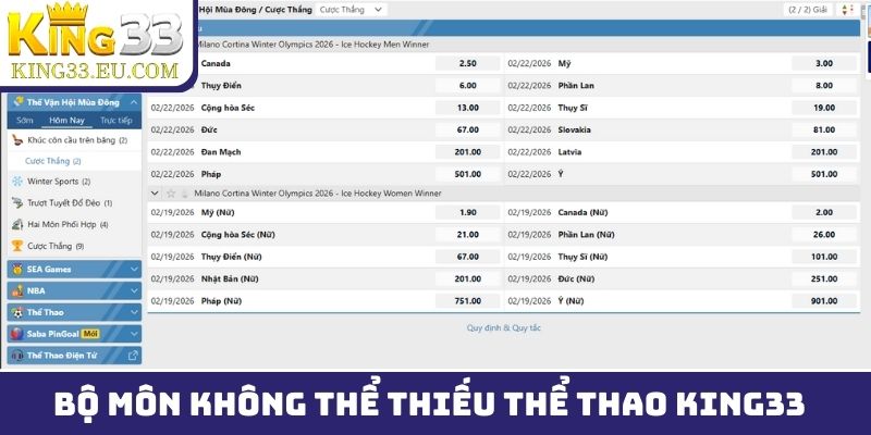 Những bộ môn không thể thiếu khi chọn thể thao King33