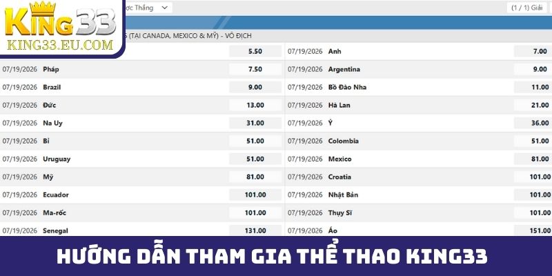 Hướng dẫn tham gia vào sảnh game thể thao King33