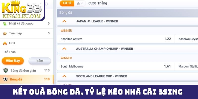 Kết quả bóng đá, tỷ lệ kèo nhà cái 3Sing