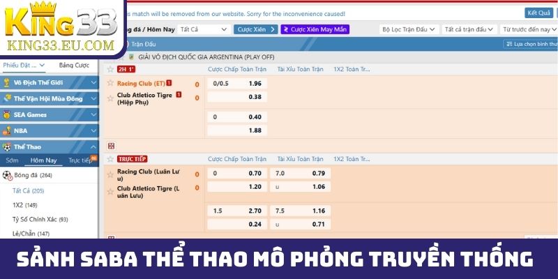 Sảnh SABA thể thao mô phỏng cũng như các giải truyền thống